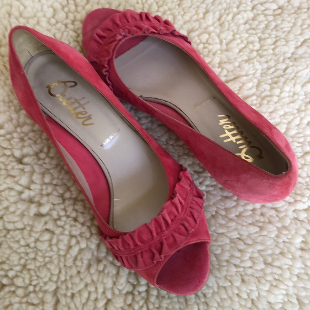 Pink suede open toe wedges